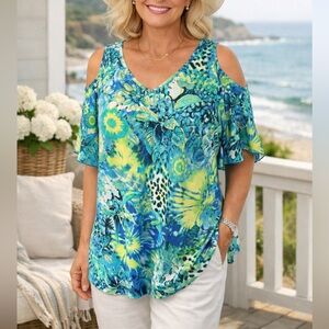 Cold-Shoulder V-Neck Floral Print Women’s Top in Blue-Green